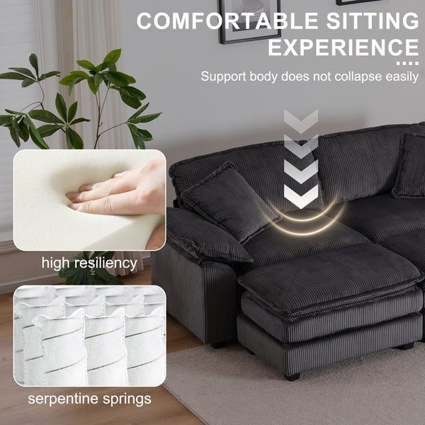 English Elm Corduroy Plush 2-Seat Sofa with 2 Back Cushions, Toss Pillows & Ottomans — Deep Seat Comfort Grey W2363S00064