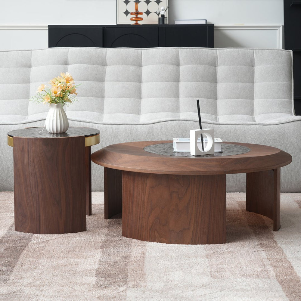 English Elm Tavola Modern Round Coffee Table Set with Walnut Veneer & Ripple Glass—Sturdy Two-Piece, Scratch-Resistant B341P321122