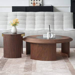 English Elm Tavola Modern Round Coffee Table Set with Walnut Veneer & Ripple Glass—Sturdy Two-Piece, Scratch-Resistant B341P321122
