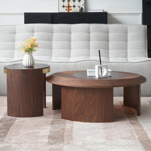 English Elm Tavola Modern Round Coffee Table Set with Walnut Veneer & Ripple Glass—Sturdy Two-Piece, Scratch-Resistant B341P321122