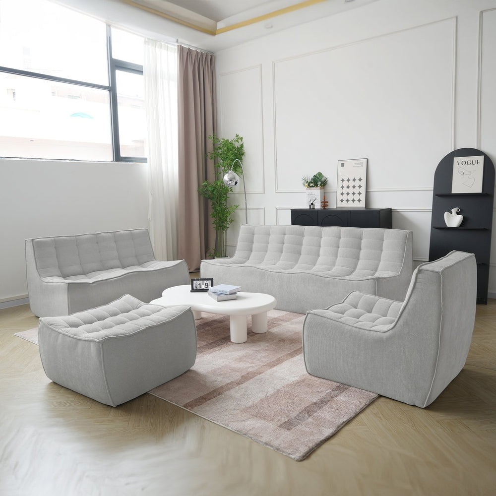 English Elm Caterpillar Minimalist Waffle 7-Seater Floor Sofa Set – Light Gray Chenille Linen, High-Density Foam Comfort B341S00039