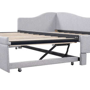 English Elm Twin L-shaped Linen Upholstered Daybed with Hydraulic Pop-up Trundle for Guest Rooms Gray SF000193AAE-1