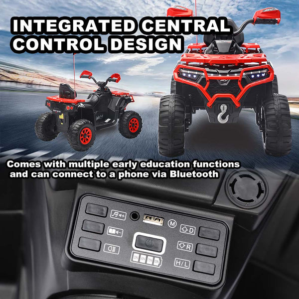 English Elm 24v Ride on Atv for Kids with Dual Motors Led Lights Bluetooth and Rugged Wide Wheelbase Red W3822P390488