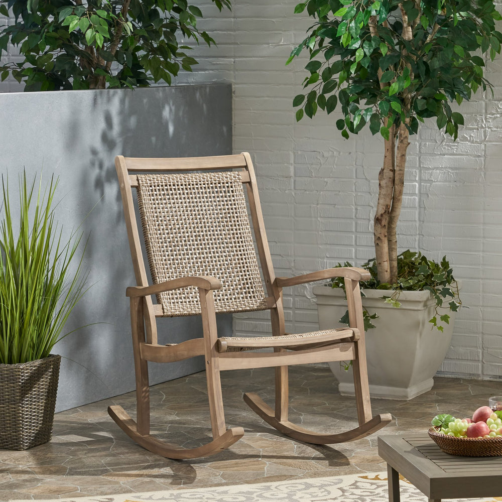 English Elm Lucas Outdoor Rocking Chair Acacia Wood Frame Hand-woven Rattan Porch Seat 69957.00MLBRN