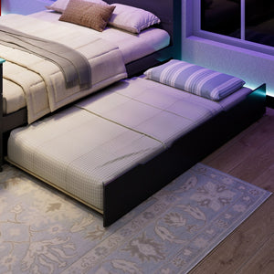 English Elm Full Size Wood Platform Daybed with Trundle Desk Rgb Led Lighting Gaming Bedroom Black+Blue LT000284AAC