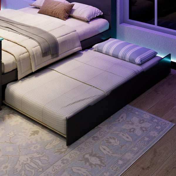 English Elm Full Size Wood Platform Daybed with Trundle Desk Rgb Led Lighting Gaming Bedroom Black+Blue LT000284AAC