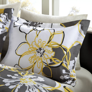 JLA Home Mi Zone - Floral Oversized Yellow & Grey Reversible Comforter Set with Decorative Pillow, Soft Microfiber, Antimicrobial Protection 90 L x 86 W x 1H MZ10-075