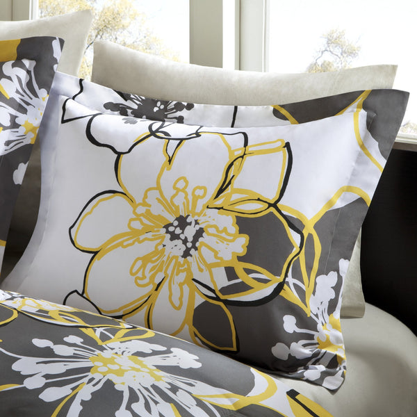 JLA Home Mi Zone - Floral Oversized Yellow & Grey Reversible Comforter Set with Decorative Pillow, Soft Microfiber, Antimicrobial Protection 90 L x 86 W x 1H MZ10-075