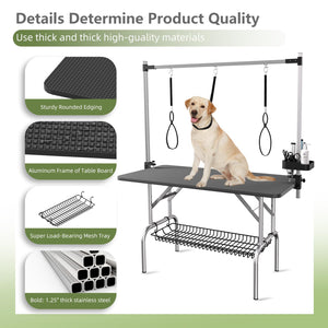 English Elm 47'' Stainless Steel Foldable Pet Grooming Station with Adjustable Arm Noose Mesh Tray Black W3587P462651