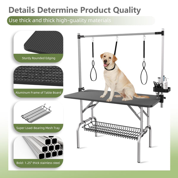 English Elm 47'' Stainless Steel Foldable Pet Grooming Station with Adjustable Arm Noose Mesh Tray Black W3587P462651