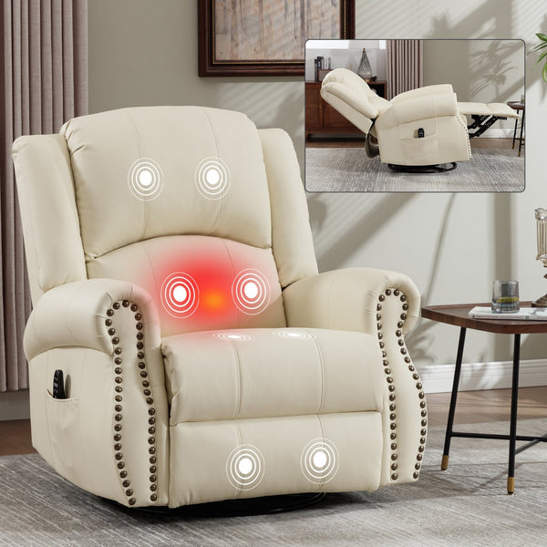 English Elm Heat Massage Rocker Swivel Recliner Chair with Lumbar Relief Nodes for Living Room Beige W3224S00028