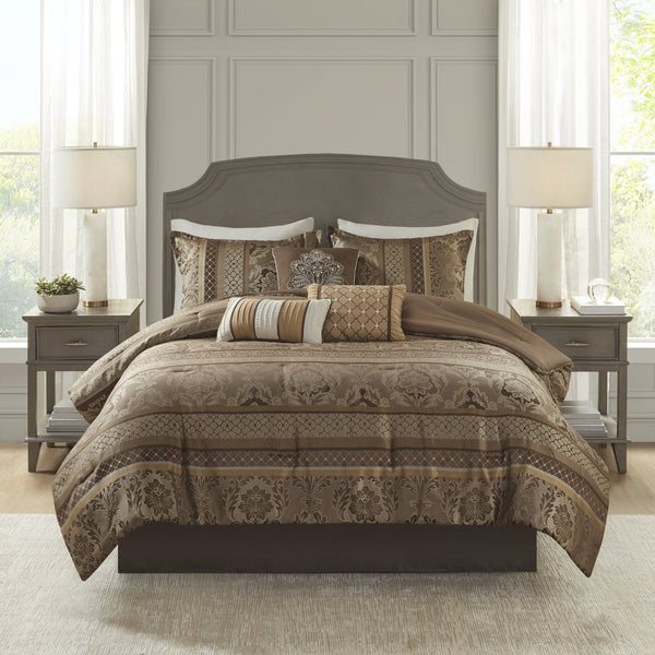 English Elm 7 Piece Jacquard Comforter Set - Luxurious Brown/Gold California King Bedding With Decorative Pillows B03597002
