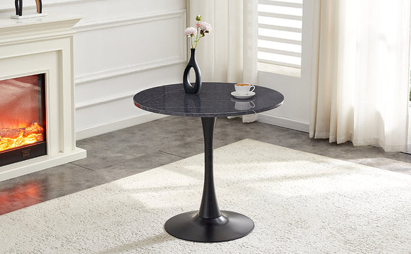 English Elm Round Faux Marble Tulip Pedestal Dining Table Mid Century Modern for Small Bistro Spaces Black+Gery W2920P405346