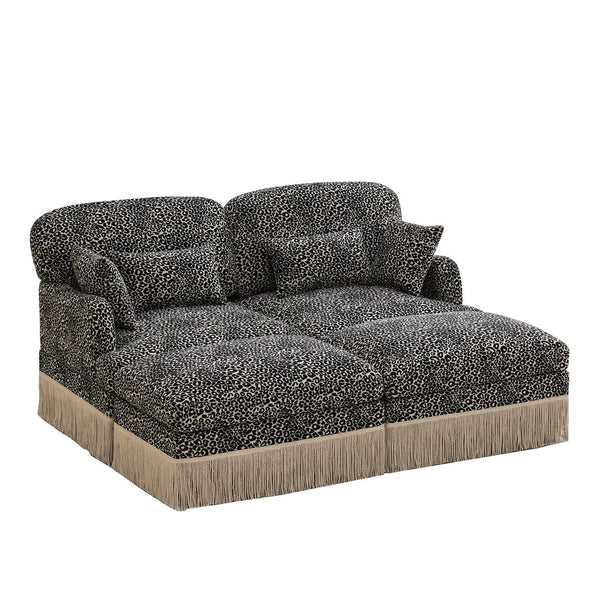 English Elm Comfy Chenille Leopard Print Loveseat with Tassel Trim and Movable Ottoman Modules Khaki W5656S00021