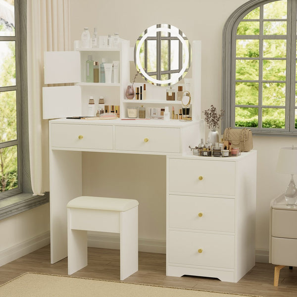 English Elm Fashion Vanity Desk With Adjustable Led Mirror, Cushioned Chair & Ample Storage For Effortless Beauty W2699P214617