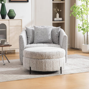 English Elm 39"w Swivel Barrel Club Chair with Channel Tufted Chenille and Round Storage Ottoman Set White+Black W3118S00047