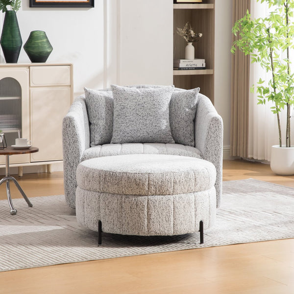 English Elm 39"w Swivel Barrel Club Chair with Channel Tufted Chenille and Round Storage Ottoman Set White+Black W3118S00047