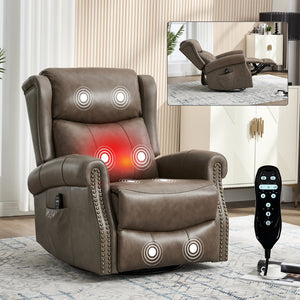 English Elm Heat Massage Swivel Rocker Recliner Genuine Leather Chair with Lumbar Relief W3224S00011