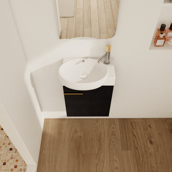 English Elm Soft Close 16" Wall-Mounted Bathroom Vanity with Round Ceramic Vessel Sink, Soft-Closing Doors, Water-Resistant Plywood Finish W999140772