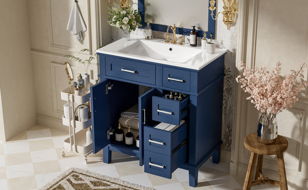 English Elm 30" Freestanding Bathroom Vanity Ceramic Sink Soft Close Cabinet Gray Wood Frame Blue N729P427118C