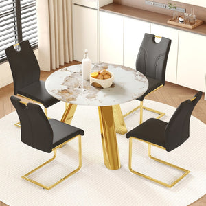 English Elm Table 5-Piece Dining Set: 42-Inch White Imitation Marble Round Top With 4 Chic Black Chairs & Gold Legs W2920S00051-GIGA