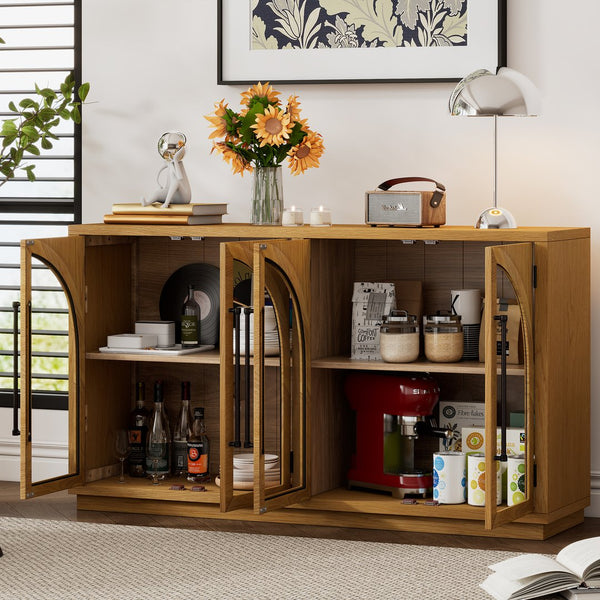 English Elm Trexm Arched Glass Door Buffet Sideboard Oak Veneer Storage Cabinet for Dining Room Natural Wood XW000021AAE-2026