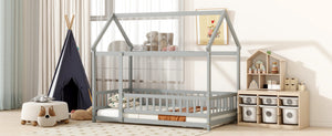 English Elm Twin Floor Wooden House Bed With Roof Frame & Guardrails - Cozy Grey Design For Kids' Rooms W504P286402-GIGA