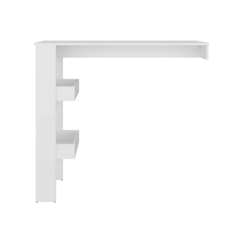 English Elm White Bar Table with Three Open Side Shelf — Compact 47.4" White Melamine Bar Table with Storage Shelves for Bottles & Glassware B062P380085