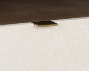 Sunpan Kayden Nightstand: Timeless Light Wash Acacia Wood Design with Oyster Shagreen Drawers & Brass Hardware