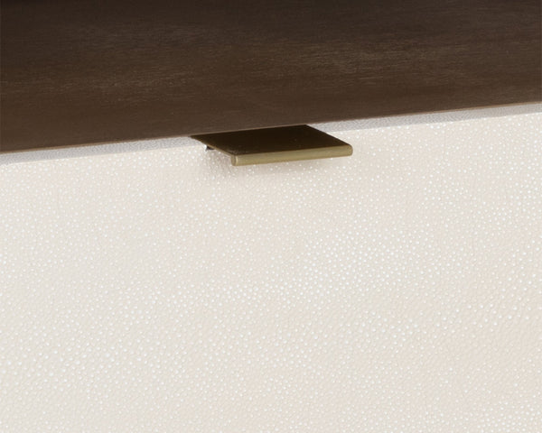 Sunpan Kayden Nightstand: Timeless Light Wash Acacia Wood Design with Oyster Shagreen Drawers & Brass Hardware