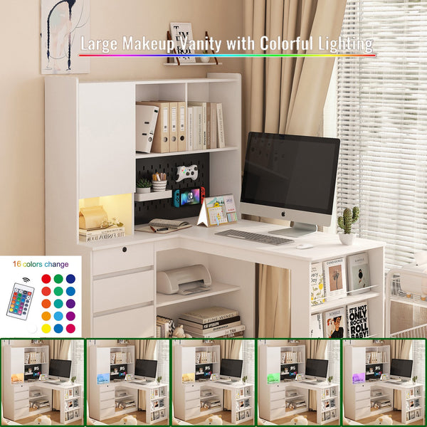 English Elm L Shaped Desk With Integrated Charger & Led Light – Modern Corner Computer & Gaming Workstation With Storage W1321S00016