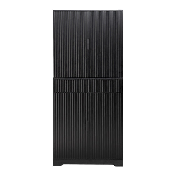 English Elm 72" Fluted Kitchen Pantry Cabinet with Anti-Tilt Stabilizers, Triple-Fold Hinges, Spice Door Racks and Deep Storage Black W2917P294985
