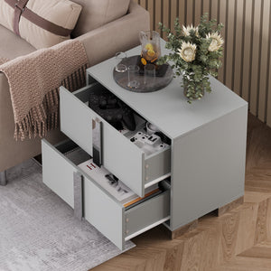 English Elm Modern Two Drawer Nightstand with Slim Metal Legs and Mirrored Bar Handles for Bedroom Grey W5271P416539