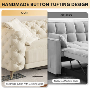 English Elm 97.6" Oversized Velvet Chesterfield Sleeper Sofa Floral Tufted Roll Arm Living Room Couch Beige+White W1885S00297