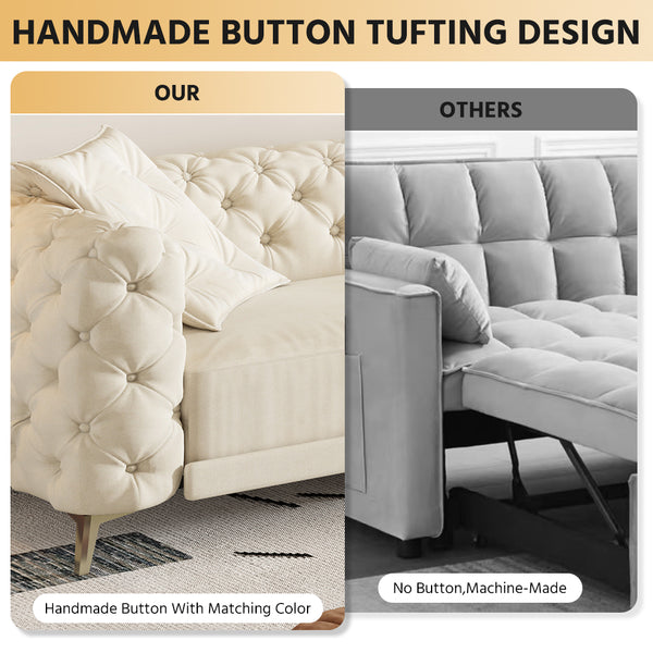 English Elm 97.6" Oversized Velvet Chesterfield Sleeper Sofa Floral Tufted Roll Arm Living Room Couch Beige+White W1885S00297