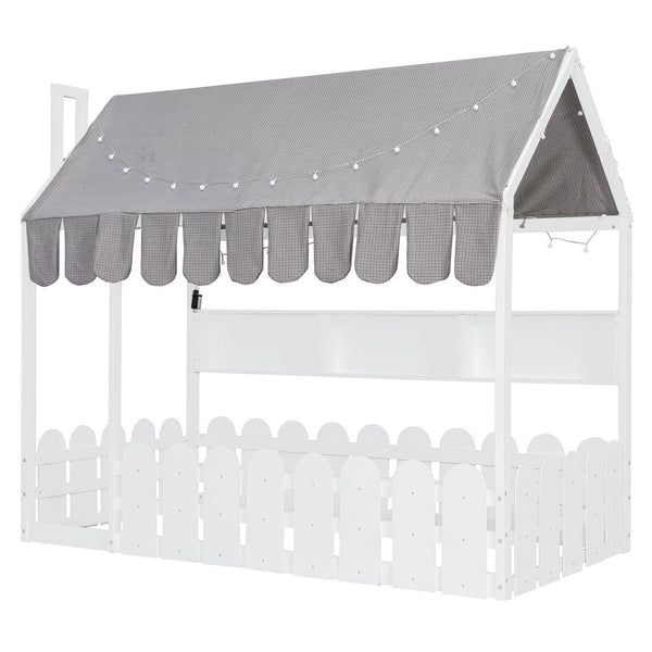 English Elm {slats Are Not Included} Twin Montessori House Floor Bed Kids Tent Lights Shelves Pinewood Frame White N708P407962K