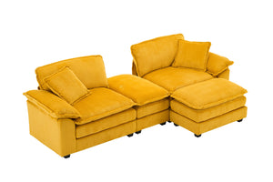 English Elm Corduroy Plush 2-Seat Sofa with 2 Back Cushions, Toss Pillows & Ottomans — Deep Seat Comfort Yellow W2363S00063