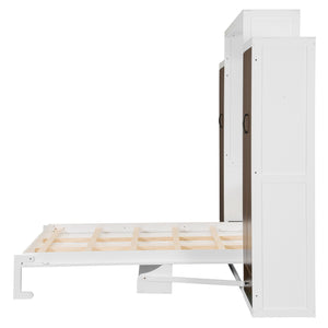 English Elm Full Size Murphy Wall Bed with Wardrobes Desk Drawers and Led Light in White LP000924AAK