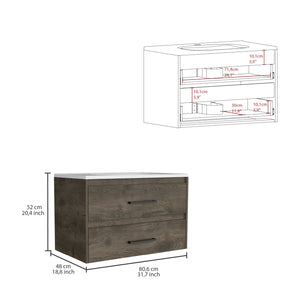 English Elm Praga Floating Vanity Sink with 2 Drawers Dark Brown White — Wall-Mount Compact Luxury Sink Unit B200S00393