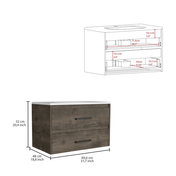English Elm Praga Floating Vanity Sink with 2 Drawers Dark Brown White — Wall-Mount Compact Luxury Sink Unit B200S00393