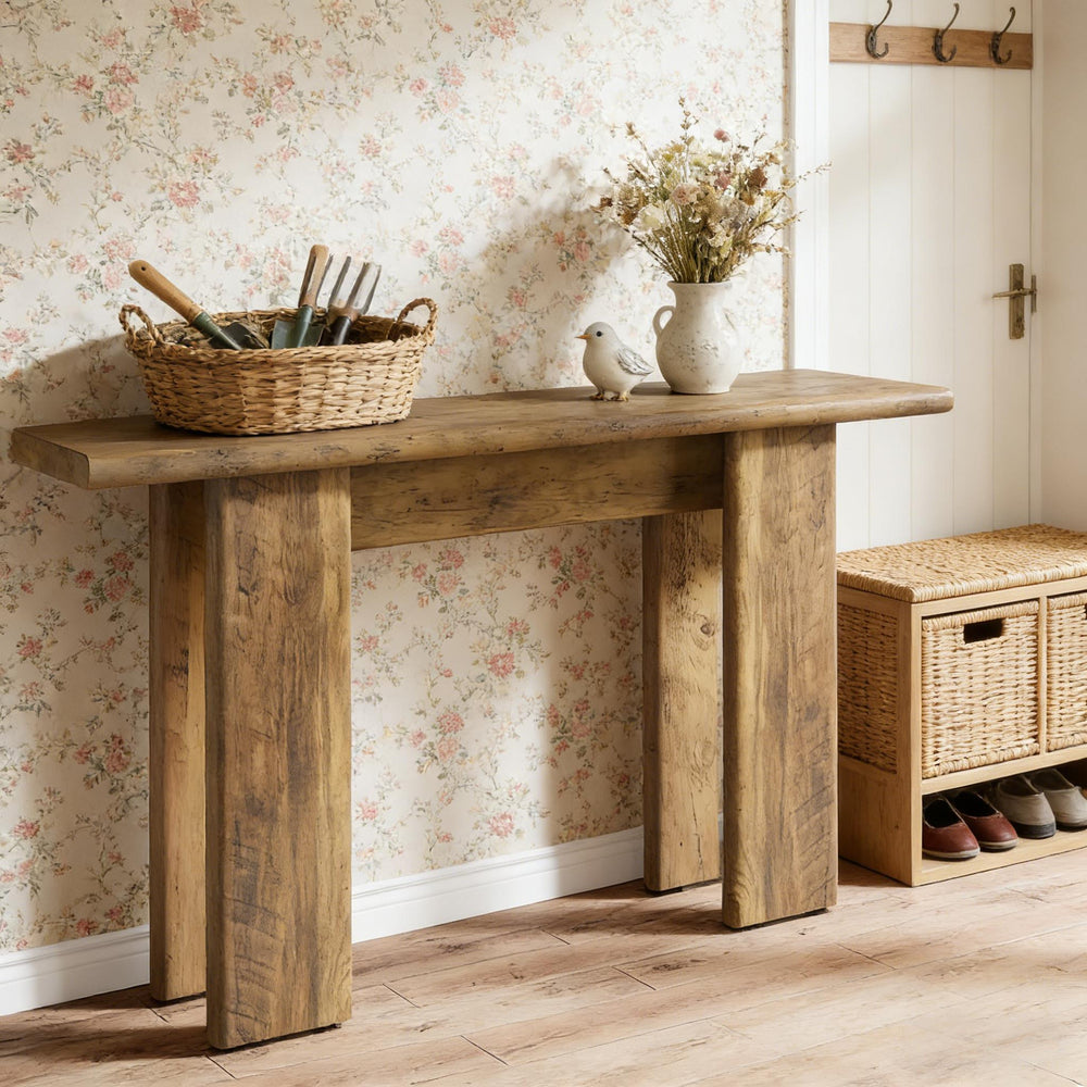 English Elm 2-tier Industrial Console Table Rustic Wood and Black Metal Frame Entryway Sofa T3971P460559