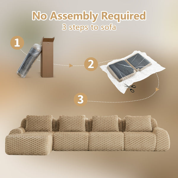 English Elm 146" Modular L-shaped Sectional Flannelette Sofa with Ottoman Tool-free Living Room Setup Light Camel W714S01515