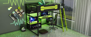English Elm Full Size Gaming Loft Bed with Built-in Desk Led Lighting Usb Ports and Pegboard Black+Green LT000270AAG