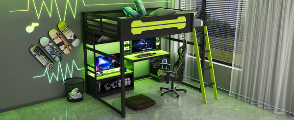 English Elm Full Size Gaming Loft Bed with Built-in Desk Led Lighting Usb Ports and Pegboard Black+Green LT000270AAG