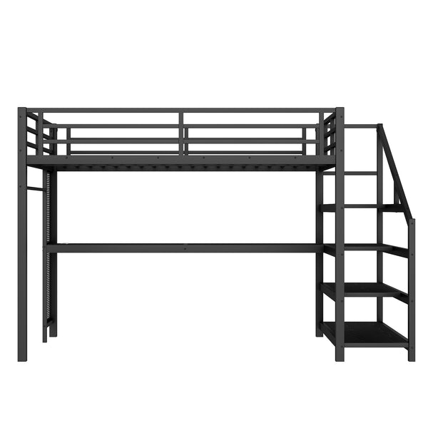 English Elm Twin Xl Metal Loft Bed with Stair Storage Shelves Sturdy Steel Frame for Dorms W1580S00434