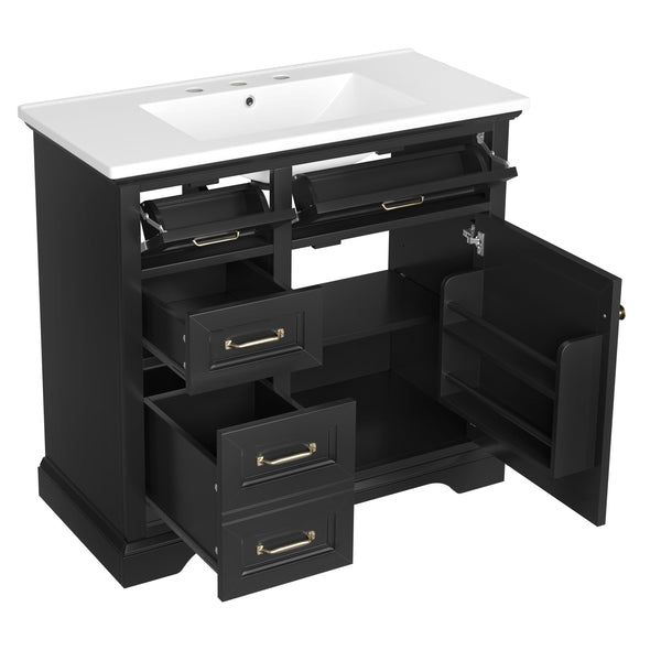 English Elm 36-Inch Modern Bathroom Vanity with Ceramic Basin, 4 Drawers & Soft-Close Door, Pre-Drilled Faucet Ready, Durable MDF and Solid Wood Construction (36"L x 18.3"W x 33.4"H) Black N725P296118B