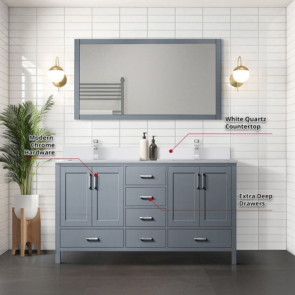 English Elm Dark Grey Double Bath Vanity Set With White Quartz Top, Chrome Faucet & 58" Mirror For Elegance B2731S00993