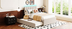 English Elm Teddy Twin Upholstered Platform Bed with Trundle, LED Smart Lighting, Plush Fleece, Sturdy Design Beige SF000055AAA