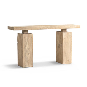 English Elm Calder Reclaimed Elm Plinth Console Table Sculptural Entryway Accent in Warm Brown B2719P474447