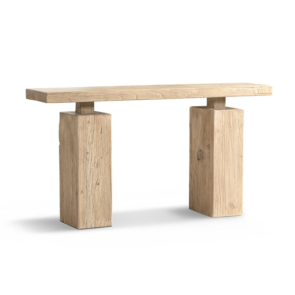 English Elm Calder Reclaimed Elm Plinth Console Table Sculptural Entryway Accent in Warm Brown B2719P474447